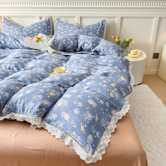 91家纺网 家纺一手货源 找家纺 【苏东来】2025韩版蕾丝花边纯棉全棉双层纱四件套全棉纯棉小碎花印花四件套小清新公主风韩系皱皱纱花边四件套针织棉四件套件 花开半夏