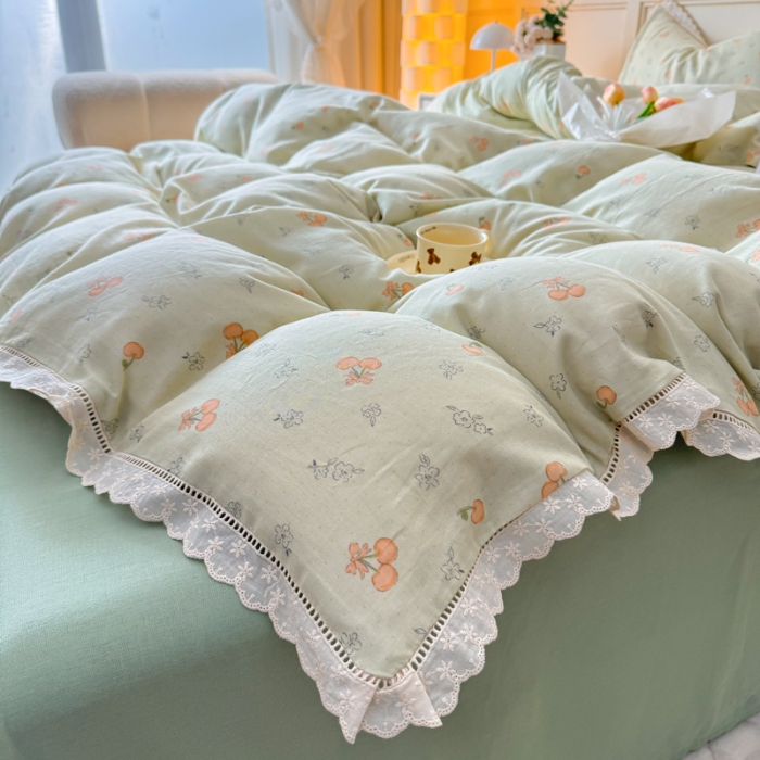 91家纺网 家纺一手货源 找家纺 【苏东来】2025韩版蕾丝花边纯棉全棉双层纱四件套全棉纯棉小碎花印花四件套小清新公主风韩系皱皱纱花边四件套针织棉四件套件 绿色心情