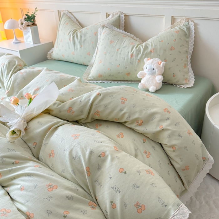 91家纺网 家纺一手货源 找家纺 【苏东来】2025韩版蕾丝花边纯棉全棉双层纱四件套全棉纯棉小碎花印花四件套小清新公主风韩系皱皱纱花边四件套针织棉四件套件 绿色心情