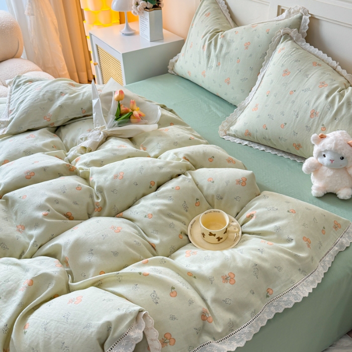 91家纺网 家纺一手货源 找家纺 【苏东来】2025韩版蕾丝花边纯棉全棉双层纱四件套全棉纯棉小碎花印花四件套小清新公主风韩系皱皱纱花边四件套针织棉四件套件 绿色心情