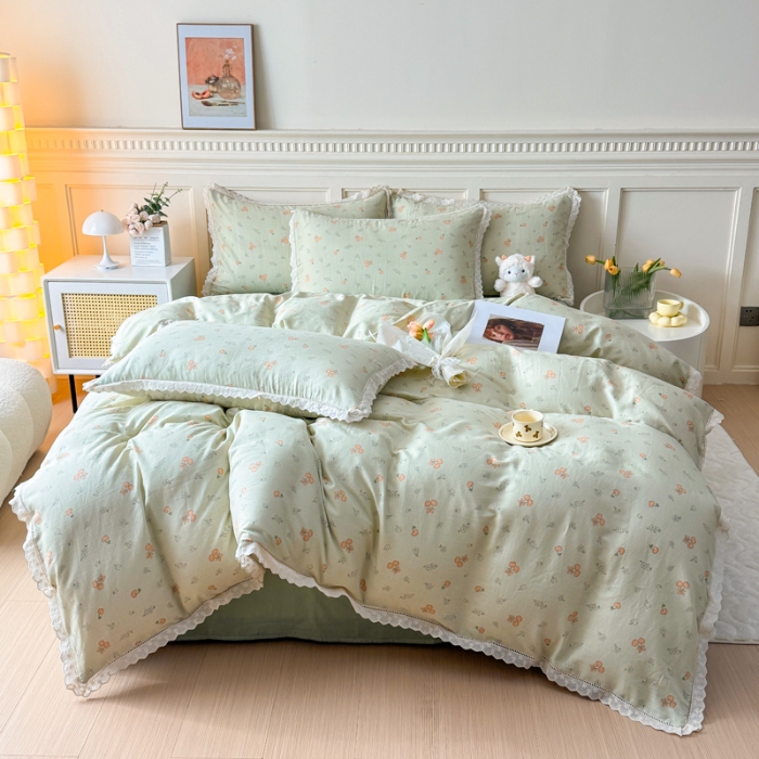 91家纺网 家纺一手货源 找家纺 【苏东来】2025韩版蕾丝花边纯棉全棉双层纱四件套全棉纯棉小碎花印花四件套小清新公主风韩系皱皱纱花边四件套针织棉四件套件 绿色心情