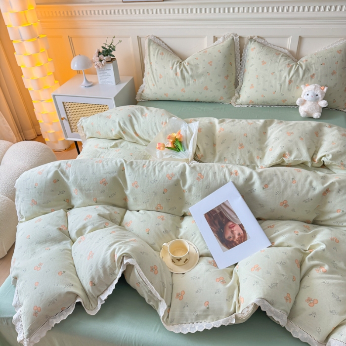 91家纺网 家纺一手货源 找家纺 【苏东来】2025韩版蕾丝花边纯棉全棉双层纱四件套全棉纯棉小碎花印花四件套小清新公主风韩系皱皱纱花边四件套针织棉四件套件 绿色心情