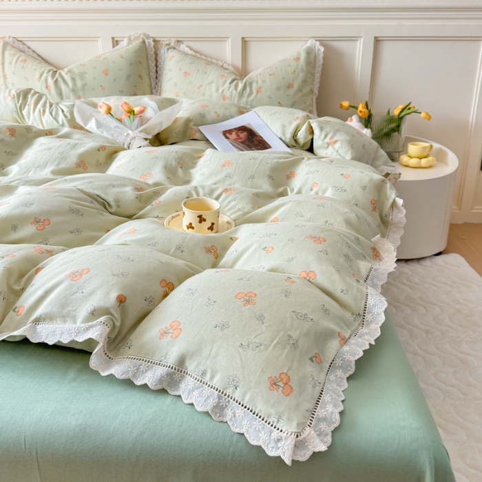 91家纺网 家纺一手货源 找家纺 【苏东来】2025韩版蕾丝花边纯棉全棉双层纱四件套全棉纯棉小碎花印花四件套小清新公主风韩系皱皱纱花边四件套针织棉四件套件 绿色心情