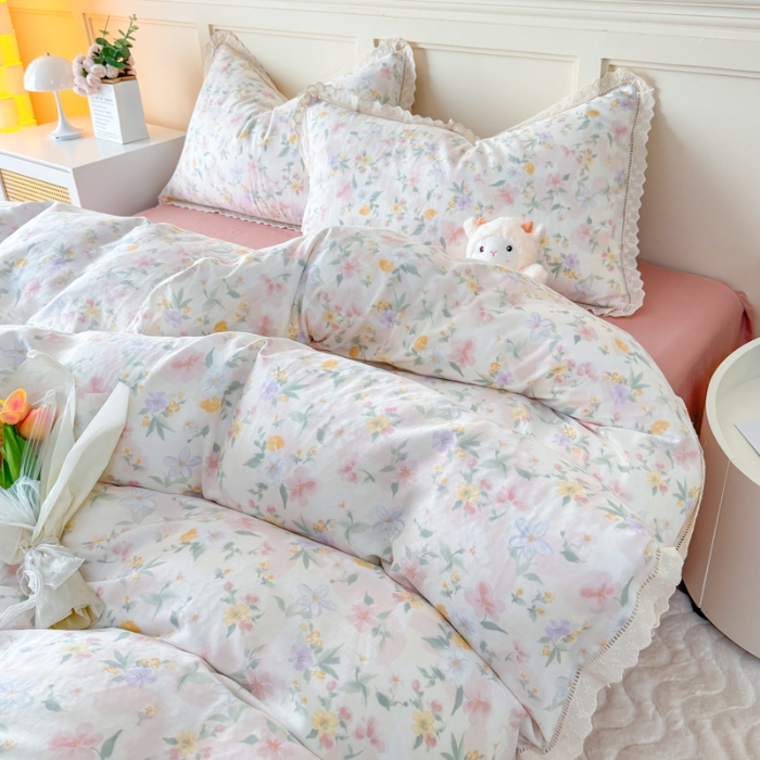 91家纺网 家纺一手货源 找家纺 【苏东来】2025韩版蕾丝花边纯棉全棉双层纱四件套全棉纯棉小碎花印花四件套小清新公主风韩系皱皱纱花边四件套针织棉四件套件 春意浓