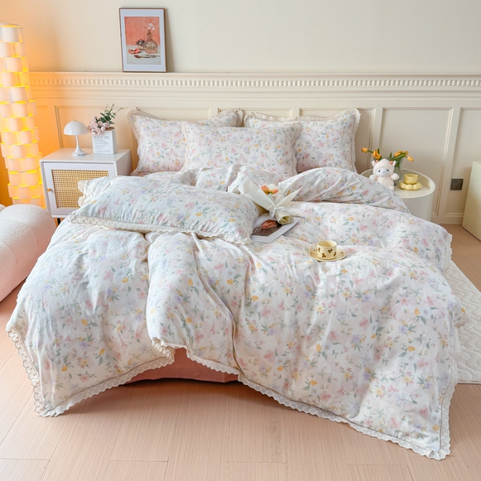 91家纺网 家纺一手货源 找家纺 【苏东来】2025韩版蕾丝花边纯棉全棉双层纱四件套全棉纯棉小碎花印花四件套小清新公主风韩系皱皱纱花边四件套针织棉四件套件 春意浓