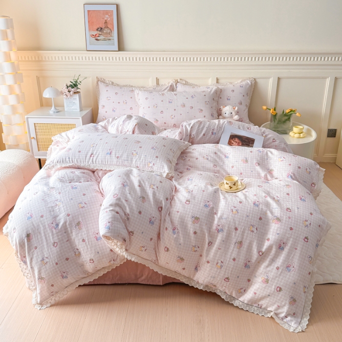 91家纺网 家纺一手货源 找家纺 【苏东来】2025韩版蕾丝花边纯棉全棉双层纱四件套全棉纯棉小碎花印花四件套小清新公主风韩系皱皱纱花边四件套针织棉四件套件 甜心小兔-粉