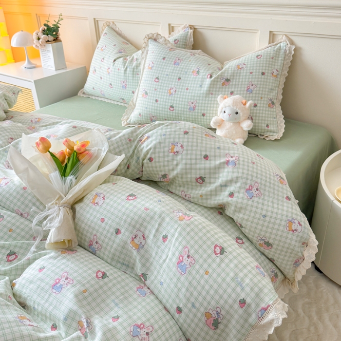 91家纺网 家纺一手货源 找家纺 【苏东来】2025韩版蕾丝花边纯棉全棉双层纱四件套全棉纯棉小碎花印花四件套小清新公主风韩系皱皱纱花边四件套针织棉四件套件 甜心小兔绿