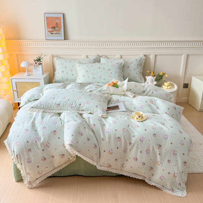 91家纺网 家纺一手货源 找家纺 【苏东来】2025韩版蕾丝花边纯棉全棉双层纱四件套全棉纯棉小碎花印花四件套小清新公主风韩系皱皱纱花边四件套针织棉四件套件 甜心小兔绿