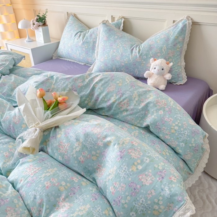 91家纺网 家纺一手货源 找家纺 【苏东来】2025韩版蕾丝花边纯棉全棉双层纱四件套全棉纯棉小碎花印花四件套小清新公主风韩系皱皱纱花边四件套针织棉四件套件 薰衣草