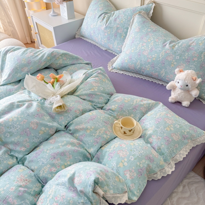 91家纺网 家纺一手货源 找家纺 【苏东来】2025韩版蕾丝花边纯棉全棉双层纱四件套全棉纯棉小碎花印花四件套小清新公主风韩系皱皱纱花边四件套针织棉四件套件 薰衣草