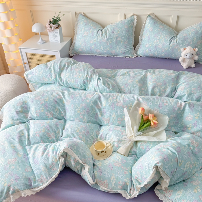 91家纺网 家纺一手货源 找家纺 【苏东来】2025韩版蕾丝花边纯棉全棉双层纱四件套全棉纯棉小碎花印花四件套小清新公主风韩系皱皱纱花边四件套针织棉四件套件 薰衣草