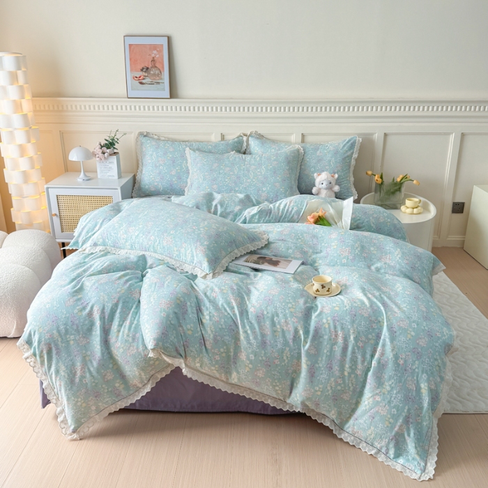 91家纺网 家纺一手货源 找家纺 【苏东来】2025韩版蕾丝花边纯棉全棉双层纱四件套全棉纯棉小碎花印花四件套小清新公主风韩系皱皱纱花边四件套针织棉四件套件 薰衣草