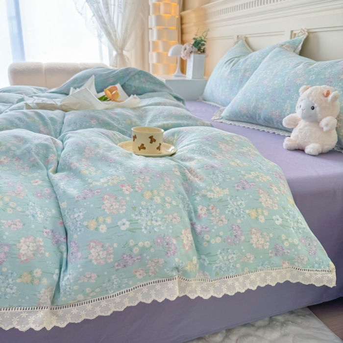 91家纺网 家纺一手货源 找家纺 【苏东来】2025韩版蕾丝花边纯棉全棉双层纱四件套全棉纯棉小碎花印花四件套小清新公主风韩系皱皱纱花边四件套针织棉四件套件 薰衣草