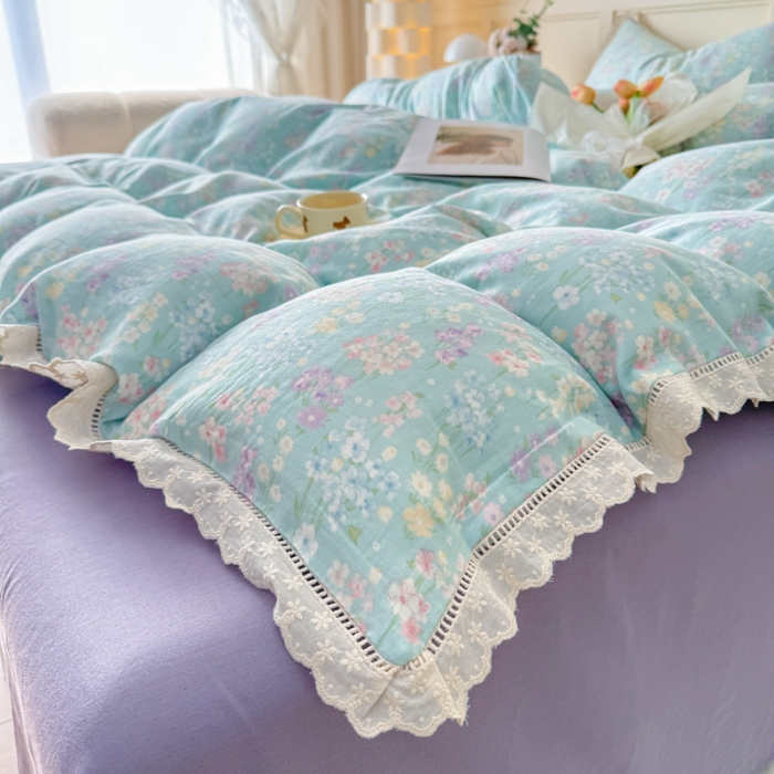 91家纺网 家纺一手货源 找家纺 【苏东来】2025韩版蕾丝花边纯棉全棉双层纱四件套全棉纯棉小碎花印花四件套小清新公主风韩系皱皱纱花边四件套针织棉四件套件 薰衣草