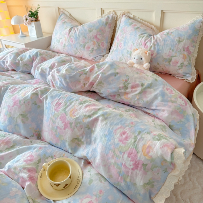 91家纺网 家纺一手货源 找家纺 【苏东来】2025韩版蕾丝花边纯棉全棉双层纱四件套全棉纯棉小碎花印花四件套小清新公主风韩系皱皱纱花边四件套针织棉四件套件 白玫瑰