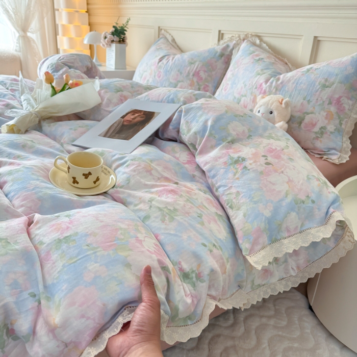 91家纺网 家纺一手货源 找家纺 【苏东来】2025韩版蕾丝花边纯棉全棉双层纱四件套全棉纯棉小碎花印花四件套小清新公主风韩系皱皱纱花边四件套针织棉四件套件 白玫瑰