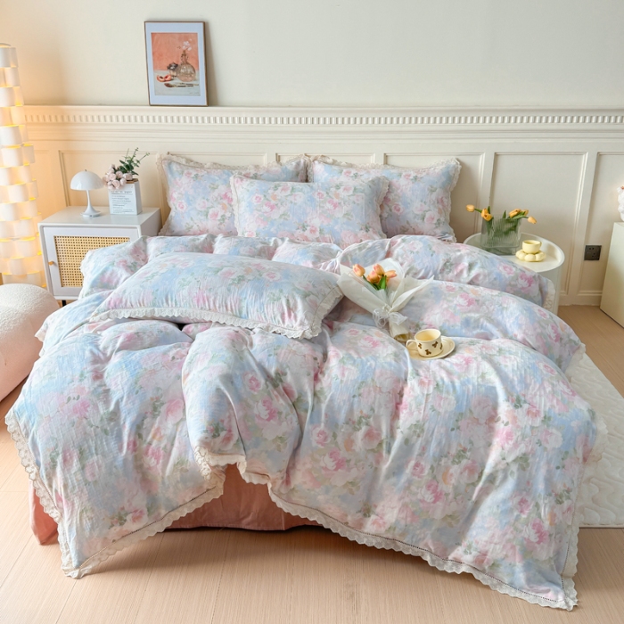 91家纺网 家纺一手货源 找家纺 【苏东来】2025韩版蕾丝花边纯棉全棉双层纱四件套全棉纯棉小碎花印花四件套小清新公主风韩系皱皱纱花边四件套针织棉四件套件 白玫瑰