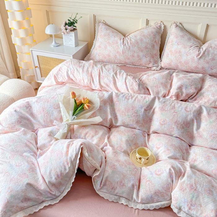 91家纺网 家纺一手货源 找家纺 【苏东来】2025韩版蕾丝花边纯棉全棉双层纱四件套全棉纯棉小碎花印花四件套小清新公主风韩系皱皱纱花边四件套针织棉四件套件 粉色蔷薇