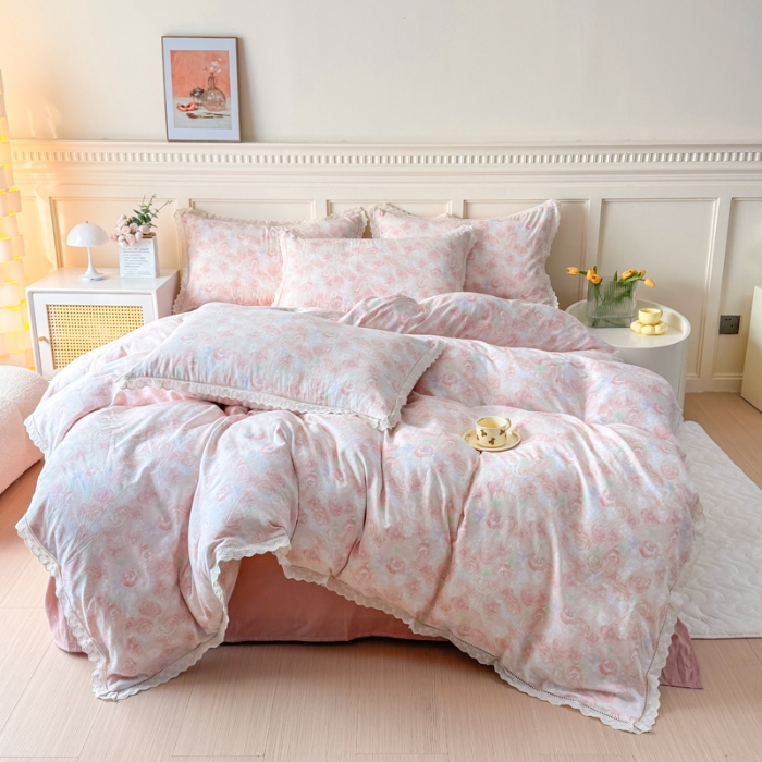 91家纺网 家纺一手货源 找家纺 【苏东来】2025韩版蕾丝花边纯棉全棉双层纱四件套全棉纯棉小碎花印花四件套小清新公主风韩系皱皱纱花边四件套针织棉四件套件 粉色蔷薇