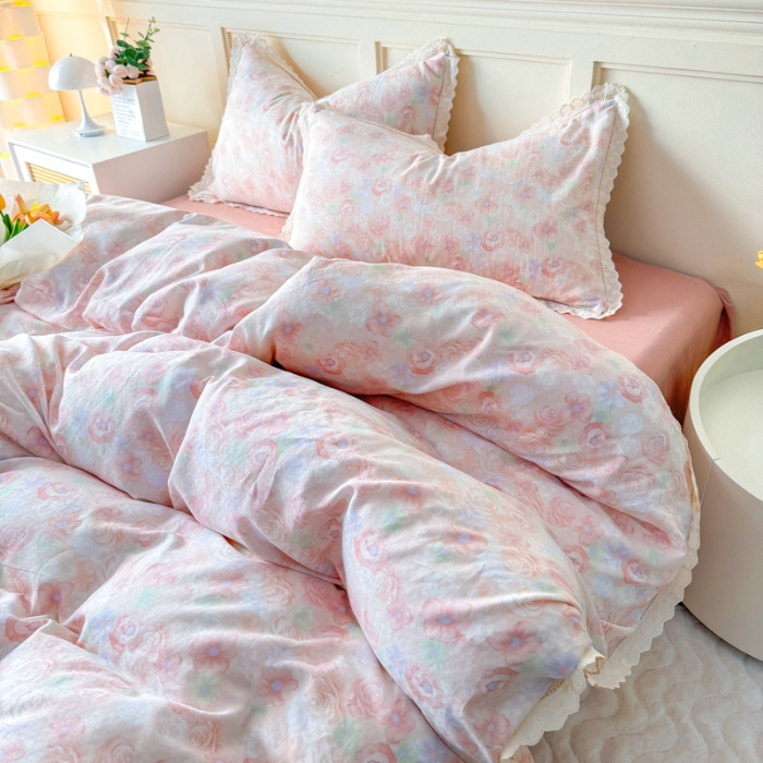 91家纺网 家纺一手货源 找家纺 【苏东来】2025韩版蕾丝花边纯棉全棉双层纱四件套全棉纯棉小碎花印花四件套小清新公主风韩系皱皱纱花边四件套针织棉四件套件 粉色蔷薇