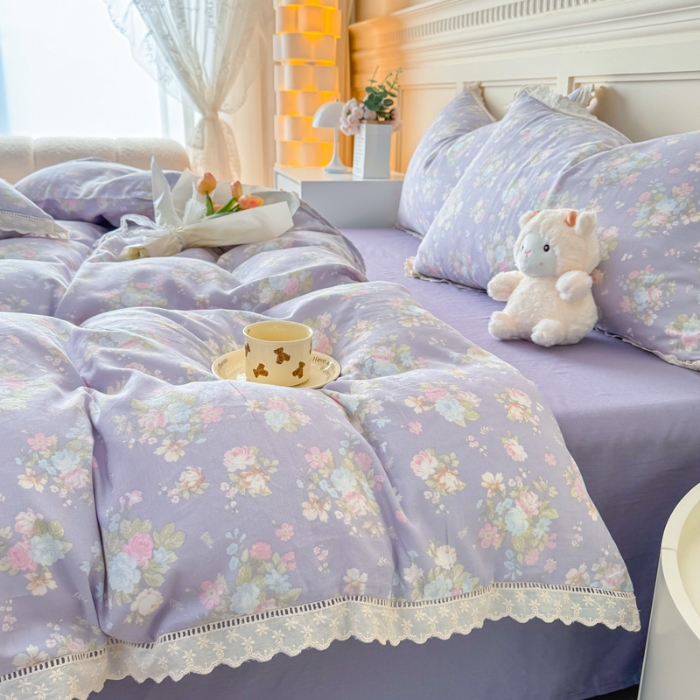 91家纺网 家纺一手货源 找家纺 【苏东来】2025韩版蕾丝花边纯棉全棉双层纱四件套全棉纯棉小碎花印花四件套小清新公主风韩系皱皱纱花边四件套针织棉四件套件 紫薇花