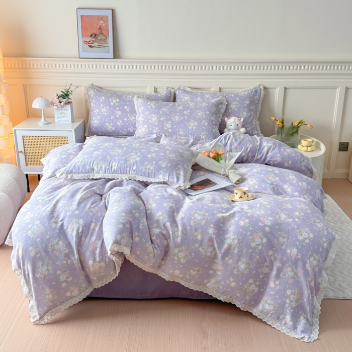 91家纺网 家纺一手货源 找家纺 【苏东来】2025韩版蕾丝花边纯棉全棉双层纱四件套全棉纯棉小碎花印花四件套小清新公主风韩系皱皱纱花边四件套针织棉四件套件 紫薇花