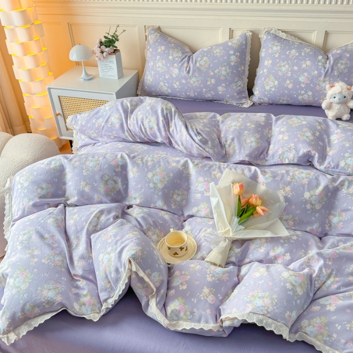 91家纺网 家纺一手货源 找家纺 【苏东来】2025韩版蕾丝花边纯棉全棉双层纱四件套全棉纯棉小碎花印花四件套小清新公主风韩系皱皱纱花边四件套针织棉四件套件 紫薇花