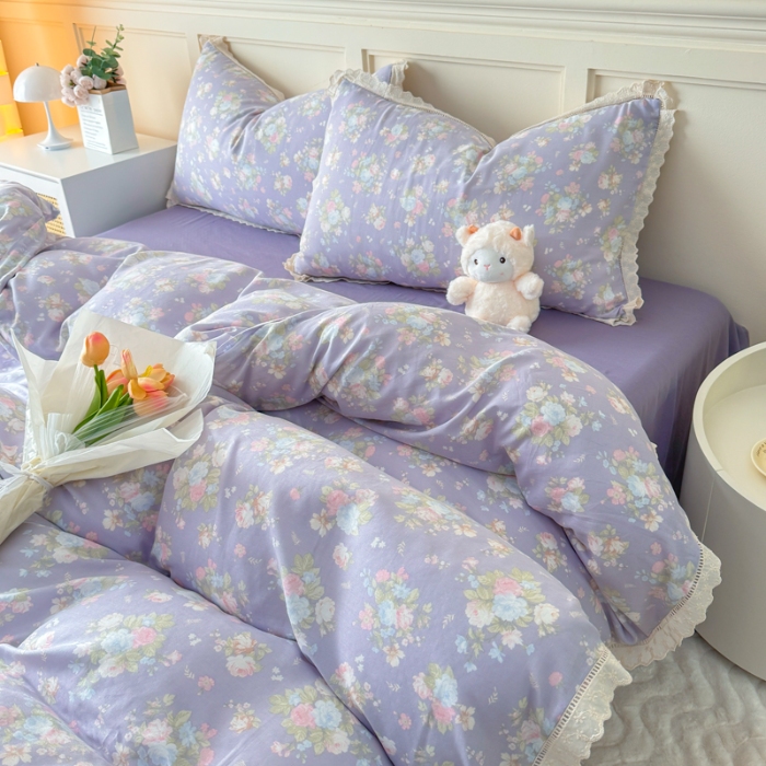 91家纺网 家纺一手货源 找家纺 【苏东来】2025韩版蕾丝花边纯棉全棉双层纱四件套全棉纯棉小碎花印花四件套小清新公主风韩系皱皱纱花边四件套针织棉四件套件 紫薇花