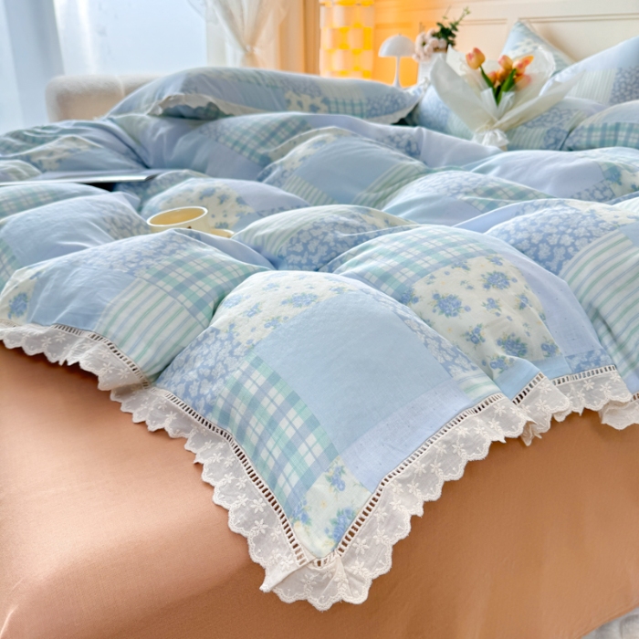 91家纺网 家纺一手货源 找家纺 【苏东来】2025韩版蕾丝花边纯棉全棉双层纱四件套全棉纯棉小碎花印花四件套小清新公主风韩系皱皱纱花边四件套针织棉四件套件 海盐气泡蓝