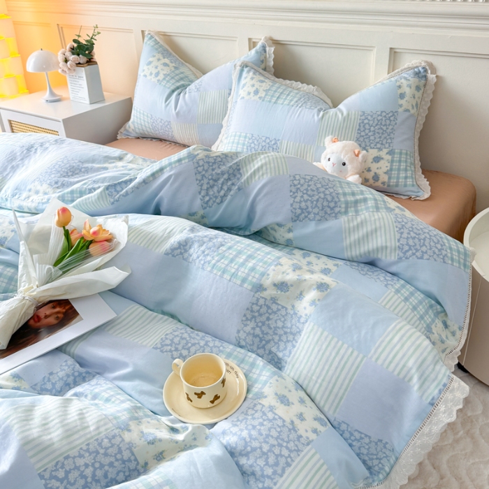 91家纺网 家纺一手货源 找家纺 【苏东来】2025韩版蕾丝花边纯棉全棉双层纱四件套全棉纯棉小碎花印花四件套小清新公主风韩系皱皱纱花边四件套针织棉四件套件 海盐气泡蓝