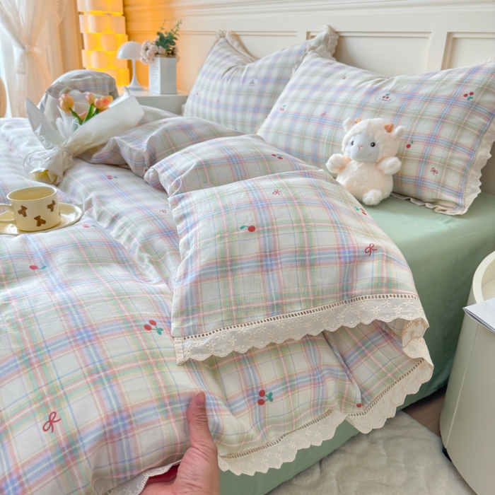 91家纺网 家纺一手货源 找家纺 【苏东来】2025韩版蕾丝花边纯棉全棉双层纱四件套全棉纯棉小碎花印花四件套小清新公主风韩系皱皱纱花边四件套针织棉四件套件 晴空