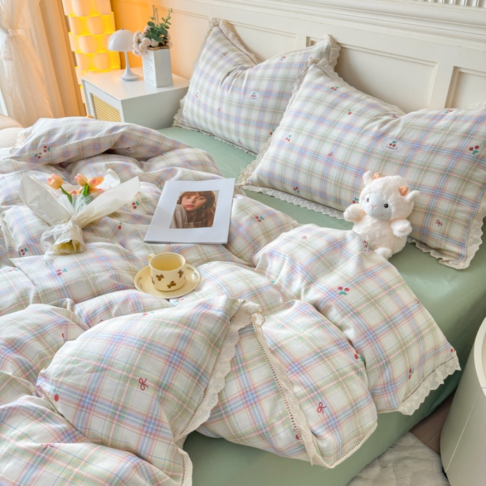 91家纺网 家纺一手货源 找家纺 【苏东来】2025韩版蕾丝花边纯棉全棉双层纱四件套全棉纯棉小碎花印花四件套小清新公主风韩系皱皱纱花边四件套针织棉四件套件 晴空