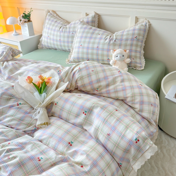 91家纺网 家纺一手货源 找家纺 【苏东来】2025韩版蕾丝花边纯棉全棉双层纱四件套全棉纯棉小碎花印花四件套小清新公主风韩系皱皱纱花边四件套针织棉四件套件 晴空