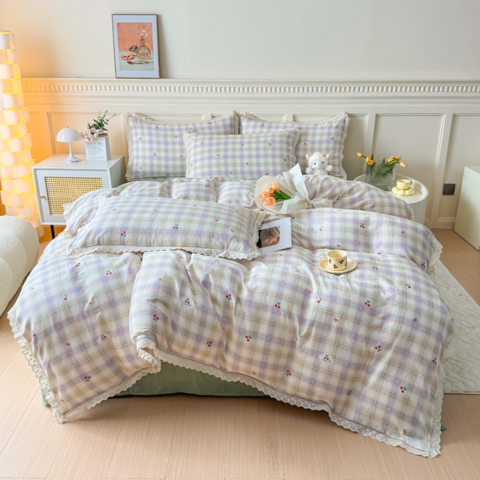 91家纺网 家纺一手货源 找家纺 【苏东来】2025韩版蕾丝花边纯棉全棉双层纱四件套全棉纯棉小碎花印花四件套小清新公主风韩系皱皱纱花边四件套针织棉四件套件 晴空