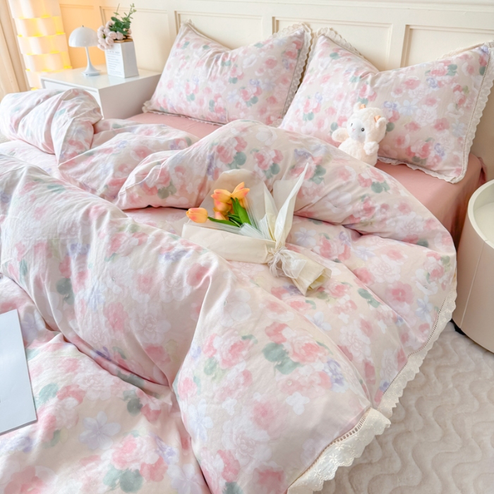 91家纺网 家纺一手货源 找家纺 【苏东来】2025韩版蕾丝花边纯棉全棉双层纱四件套全棉纯棉小碎花印花四件套小清新公主风韩系皱皱纱花边四件套针织棉四件套件 夕颜 