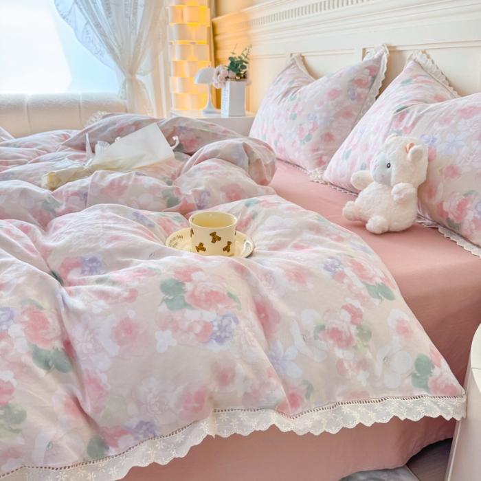 91家纺网 家纺一手货源 找家纺 【苏东来】2025韩版蕾丝花边纯棉全棉双层纱四件套全棉纯棉小碎花印花四件套小清新公主风韩系皱皱纱花边四件套针织棉四件套件 夕颜 