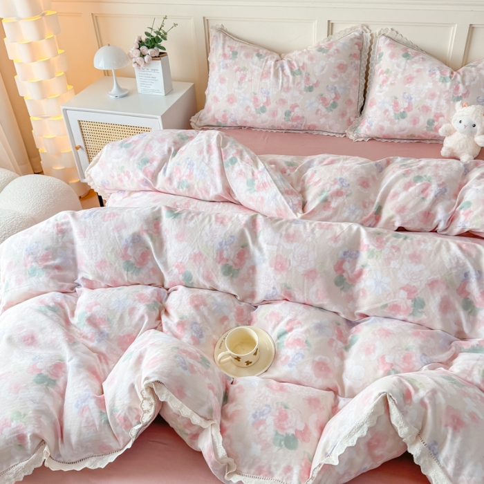 91家纺网 家纺一手货源 找家纺 【苏东来】2025韩版蕾丝花边纯棉全棉双层纱四件套全棉纯棉小碎花印花四件套小清新公主风韩系皱皱纱花边四件套针织棉四件套件 夕颜 