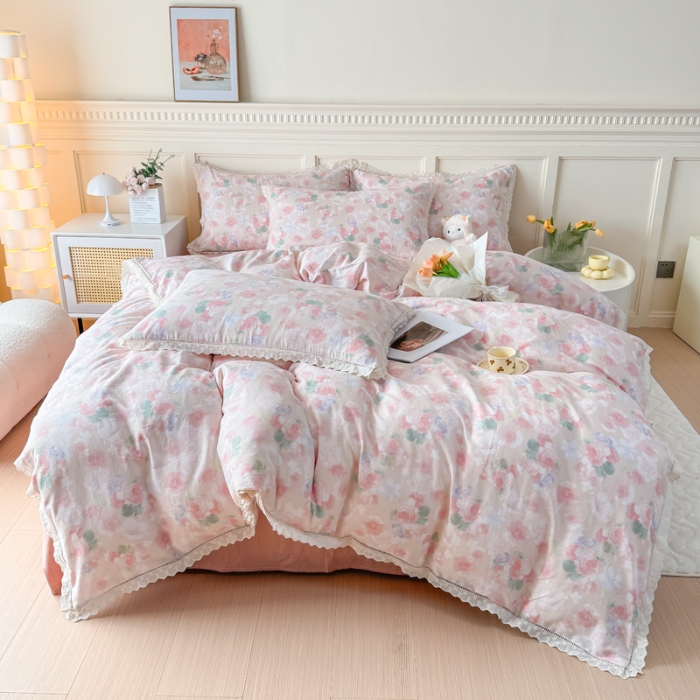 91家纺网 家纺一手货源 找家纺 【苏东来】2025韩版蕾丝花边纯棉全棉双层纱四件套全棉纯棉小碎花印花四件套小清新公主风韩系皱皱纱花边四件套针织棉四件套件 夕颜 