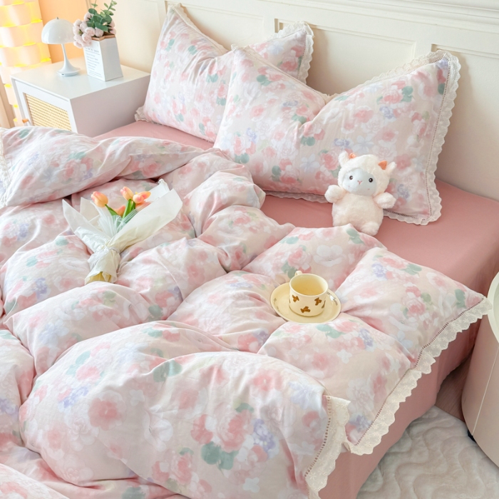 91家纺网 家纺一手货源 找家纺 【苏东来】2025韩版蕾丝花边纯棉全棉双层纱四件套全棉纯棉小碎花印花四件套小清新公主风韩系皱皱纱花边四件套针织棉四件套件 夕颜 