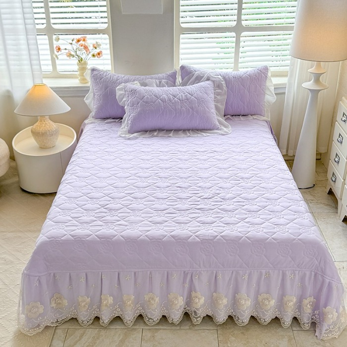 91家纺网 家纺一手货源 找家纺 苏米娜家纺2025春夏韩版法式公主风水洗棉床盖款多功能被套 夏被床盖四件套多功能二合一水洗棉夹泡泡棉小竺棉棉床裙款 香榭丽-梦幻紫