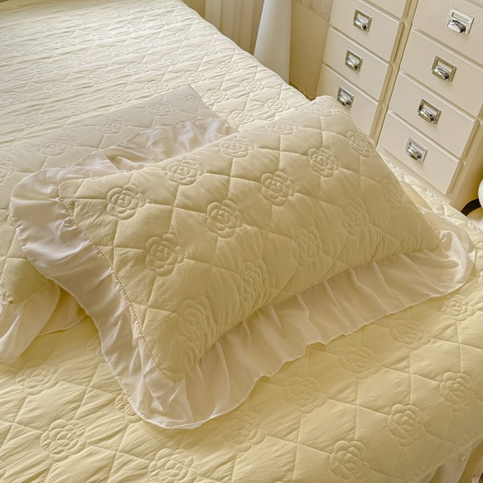 91家纺网 家纺一手货源 找家纺 苏米娜家纺2025春夏韩版法式公主风水洗棉床盖款多功能被套 夏被床盖四件套多功能二合一水洗棉夹泡泡棉小竺棉棉床裙款  香榭丽-嫩黄