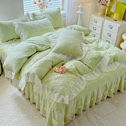 苏米娜家纺2025春夏韩版法式公主风水洗棉床盖款多功能被套 夏被床盖四件套多功能二合一水洗棉夹泡泡棉小竺棉棉床裙款  香榭丽-新芽绿