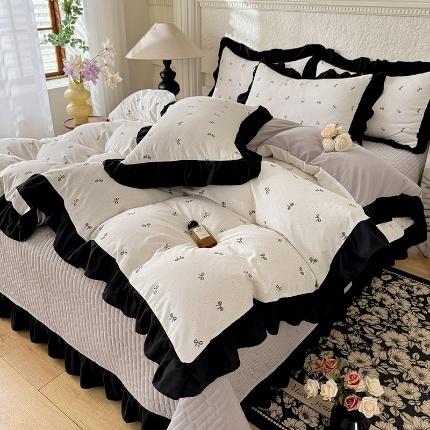 91家纺网 家纺一手货源 找家纺 漫布云家纺法式A类母婴级针织双层纱床盖款四件套赫本风全棉纯棉麻泡泡棉小竺棉超柔水洗棉床单床盖款 赫本风-繁花 