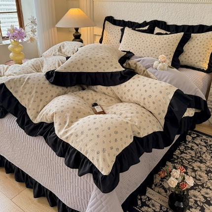 91家纺网 家纺一手货源 找家纺 漫布云家纺法式A类母婴级针织双层纱床盖款四件套赫本风全棉纯棉麻泡泡棉小竺棉超柔水洗棉床单床盖款 赫本风-繁花 