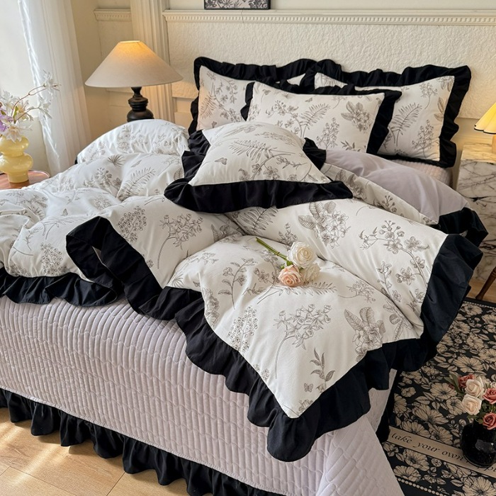 91家纺网 家纺一手货源 找家纺 漫布云家纺法式A类母婴级针织双层纱床盖款四件套赫本风全棉纯棉麻泡泡棉小竺棉超柔水洗棉床单床盖款 赫本风-繁花 