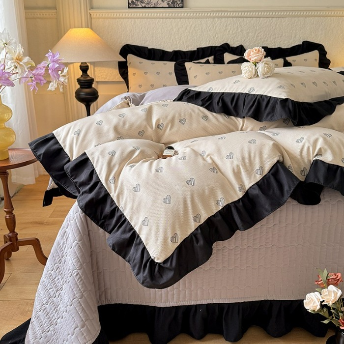 91家纺网 家纺一手货源 找家纺 漫布云家纺法式A类母婴级针织双层纱床盖款四件套赫本风全棉纯棉麻泡泡棉小竺棉超柔水洗棉床单床盖款 赫本风-爱心 