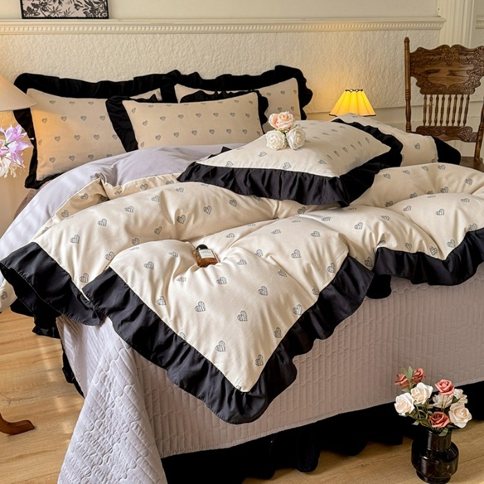 91家纺网 家纺一手货源 找家纺 漫布云家纺法式A类母婴级针织双层纱床盖款四件套赫本风全棉纯棉麻泡泡棉小竺棉超柔水洗棉床单床盖款 赫本风-爱心 