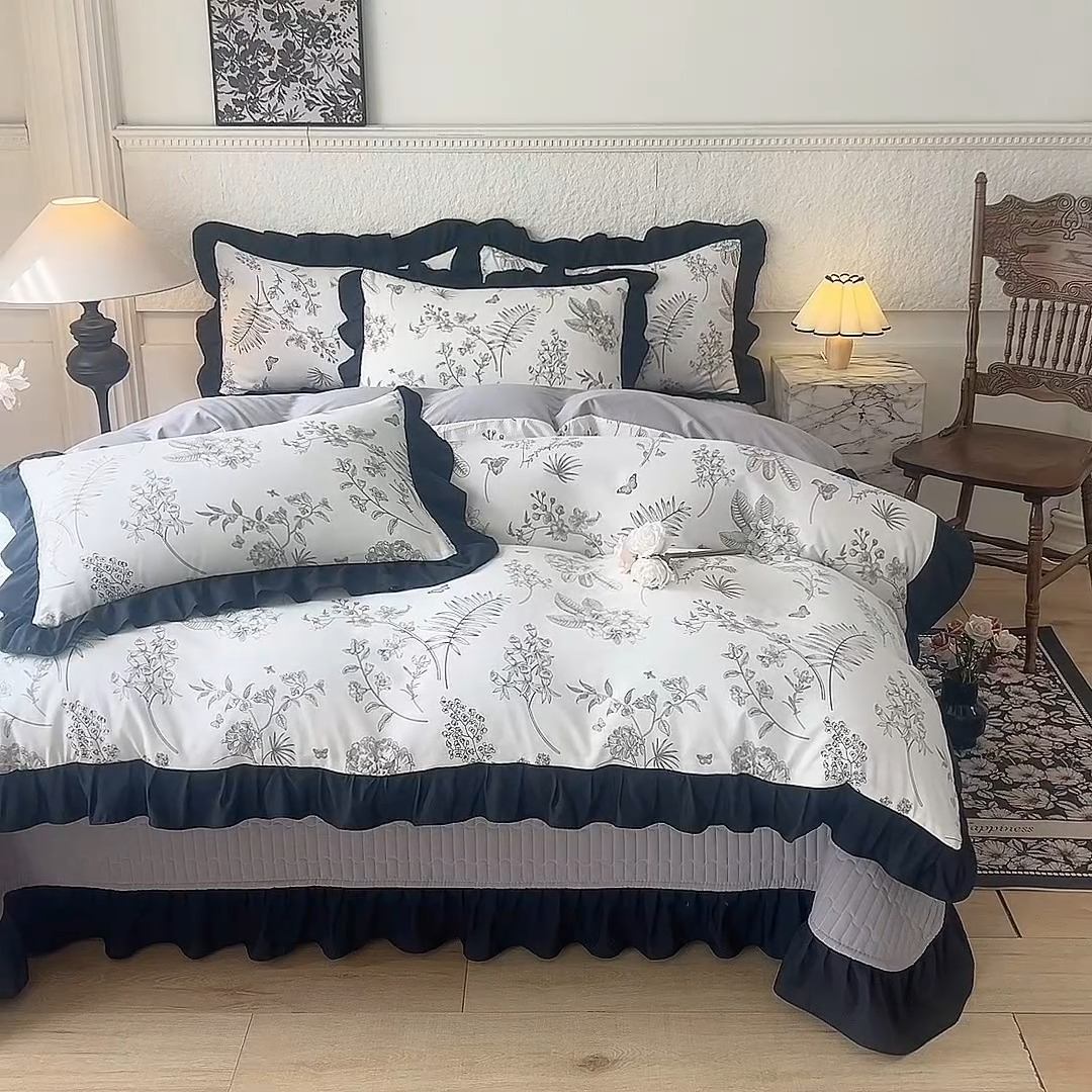 91家纺网 家纺一手货源 找家纺 漫布云家纺法式A类母婴级针织双层纱床盖款四件套赫本风全棉纯棉麻泡泡棉小竺棉超柔水洗棉床单床盖款 赫本风-繁花 