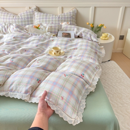 91家纺网 家纺一手货源 找家纺 （总） 【苏东来】2025韩版蕾丝花边纯棉全棉双层纱四件套全棉纯棉小碎花印花四件套小清新公主风韩系皱皱纱花边四件套针织棉四件套件