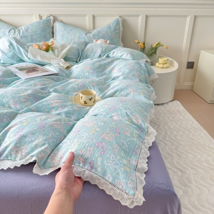 91家纺网 家纺一手货源 找家纺 （总） 【苏东来】2025韩版蕾丝花边纯棉全棉双层纱四件套全棉纯棉小碎花印花四件套小清新公主风韩系皱皱纱花边四件套针织棉四件套件